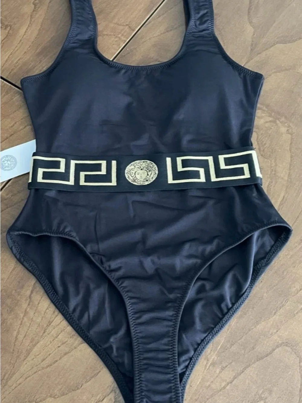 NWT Versace XL Black One-Piece Swimsuit with Gold Medallion Waistband
